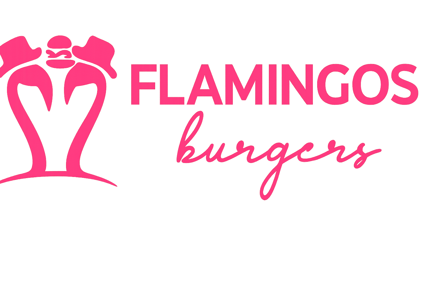 Flamingos Burgers logo: pink flamingo silhouette forming a heart shape next to bold pink text reading FLAMINGOS with burgers written in cursive script below, set against a white background